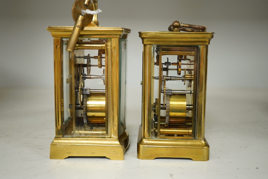 Two brass cased carriage timepieces, tallest 11cm. Condition - fair to good.